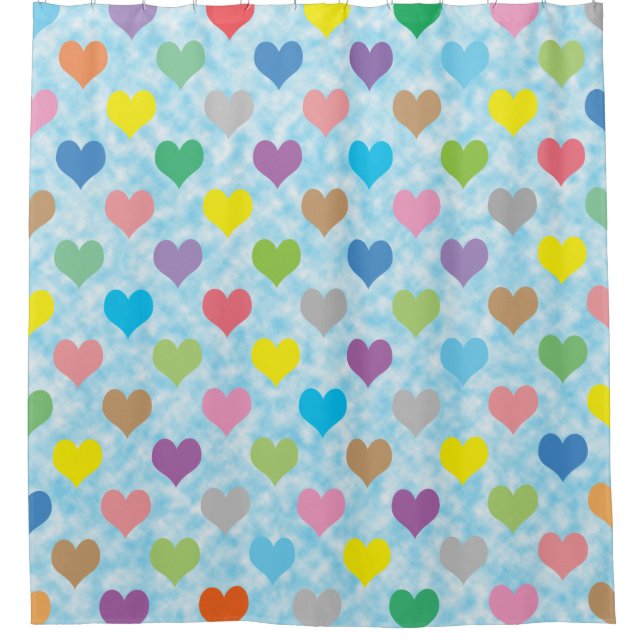 Colourful hearts on blue background shower curtain (Front)