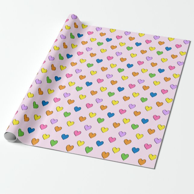Colourful Hearts on Light Pink Wrapping Paper (Unrolled)