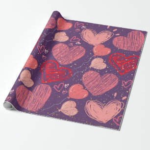 Colourful hearts on purple pattern wrapping paper