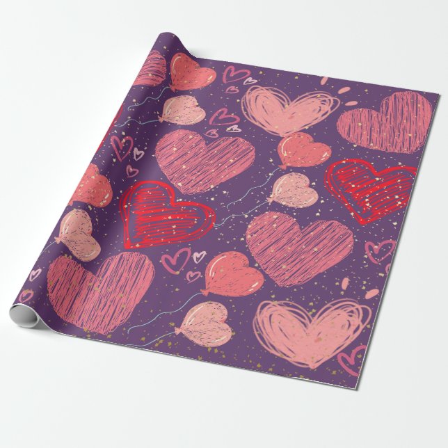 Colourful hearts on purple pattern  wrapping paper (Unrolled)