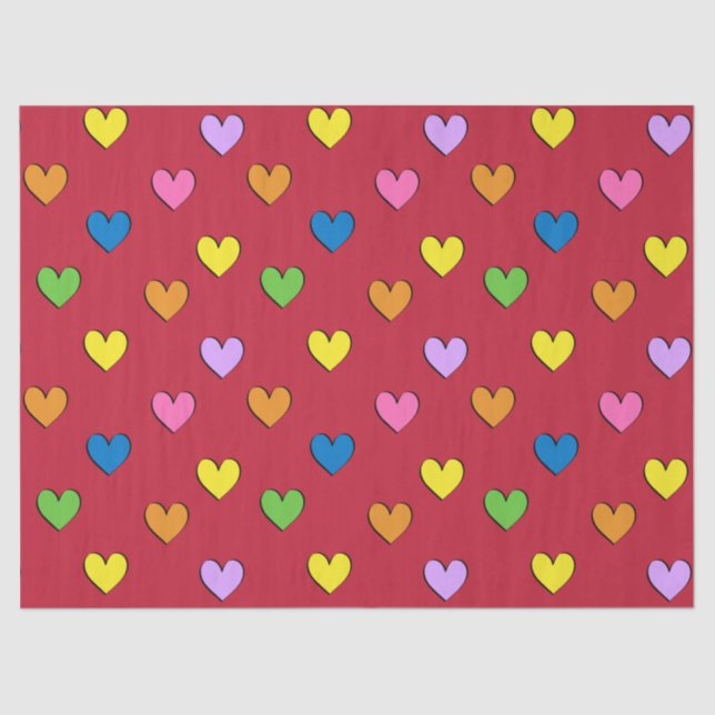 Colourful Hearts on Red Tissue Paper (Front)