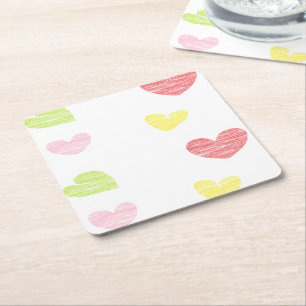 Colourful hearts on white square paper coaster