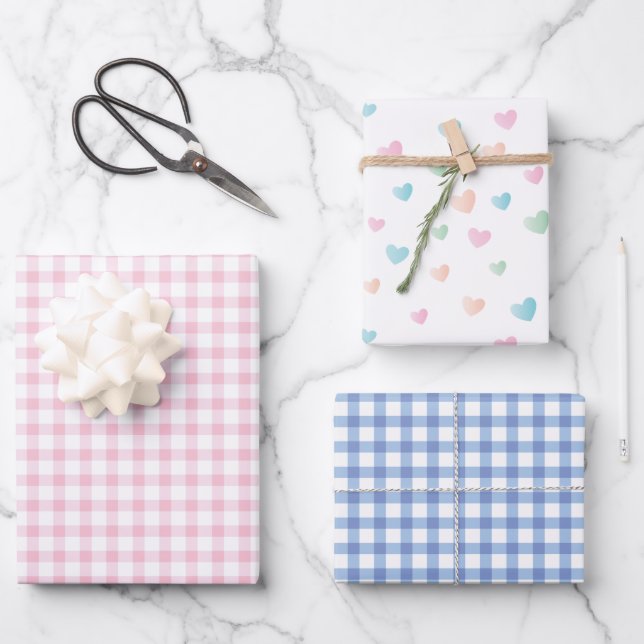 Colourful Hearts | Pastel Pink and Blue Gingham Wrapping Paper Sheet (Front)