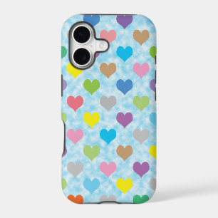 Colourful hearts pattern on blue background