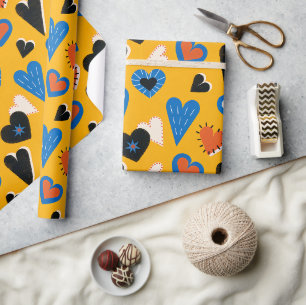 Colourful Hearts Pattern on Yellow Background Wrapping Paper