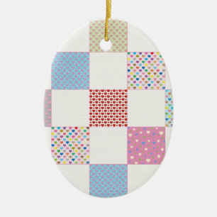 Colourful hearts quilt pattern ceramic tree decoration