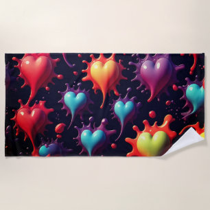 Colourful Hearts Splash Art Beach Towel