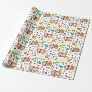 Colourful Hearts Stars Sloth Pattern Baby Birthday Wrapping Paper