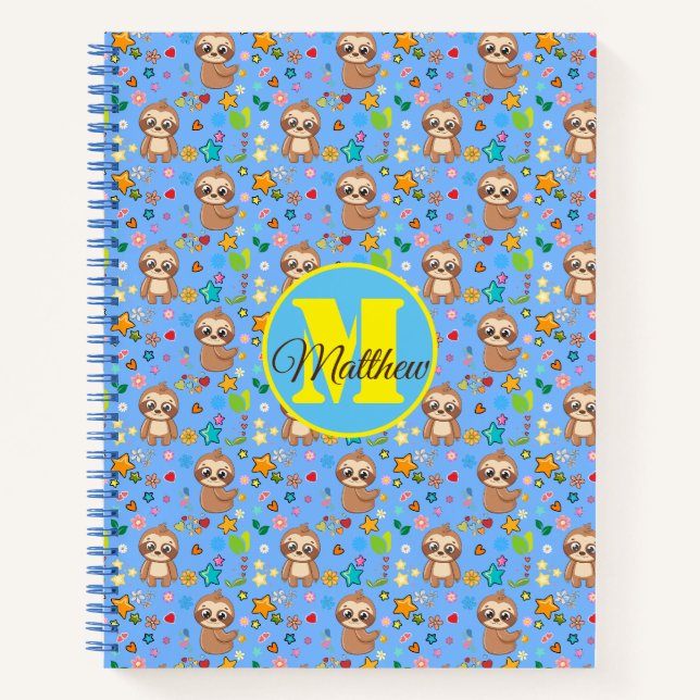 Colourful Hearts Stars Sloth Pattern Personalised Notebook (Front)