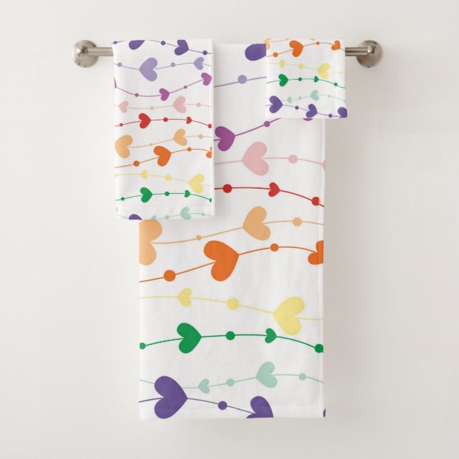 Colourful Hearts Wavy Pattern Bathroom Decor Bath Towel Set (Insitu)