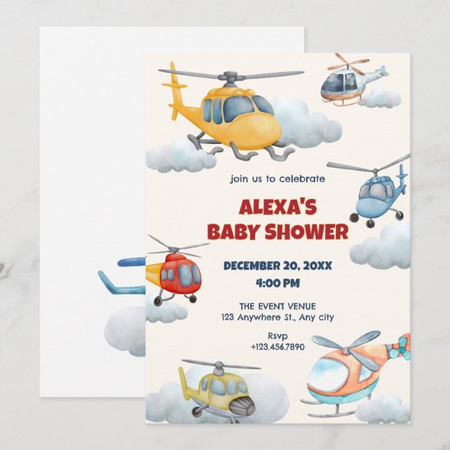 Colourful helicopter baby shower Invitation (Front/Back)