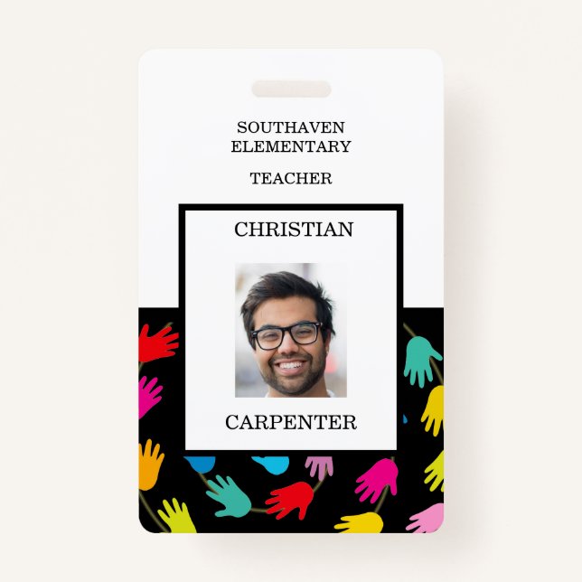 Colourful Helping Hands Teacher School Photo Badge ID Badge (Front)