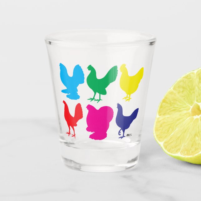 Colourful Hens Shot Glass (Front)