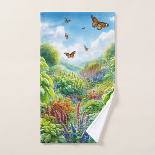 Colourful Herb Garden and Butterflies  Hand Towel (Hand Towel)