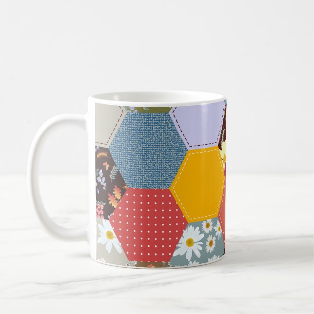 Colourful Hexagon Flowers Quilting Design Coffee Mug (Left)