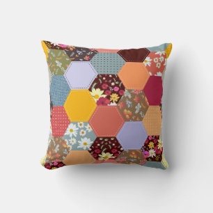 Colourful Hexagon Flowers Quilting Design Cushion