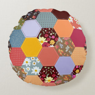 Colourful Hexagon Flowers Quilting Design Round Cushion