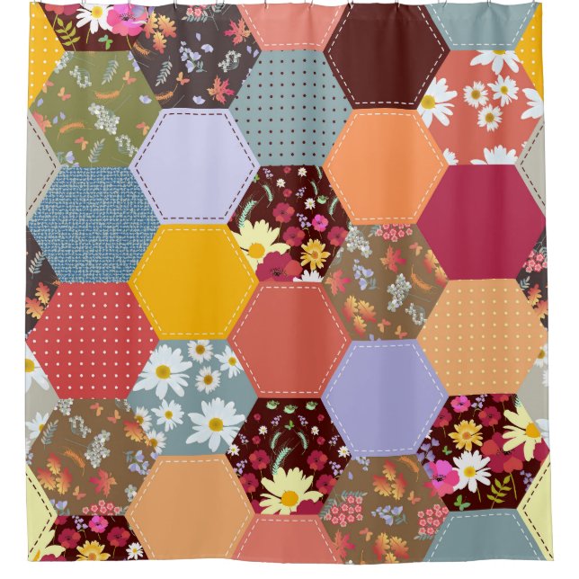 Colourful Hexagon Flowers Quilting Design Shower Curtain (Front)