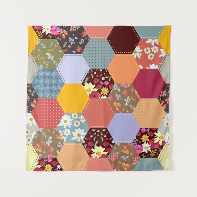 Colourful Hexagon Flowers Quilting Design Tapestry (Front)