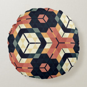 Colourful Hexagon Square Geometric Pattern Round Cushion