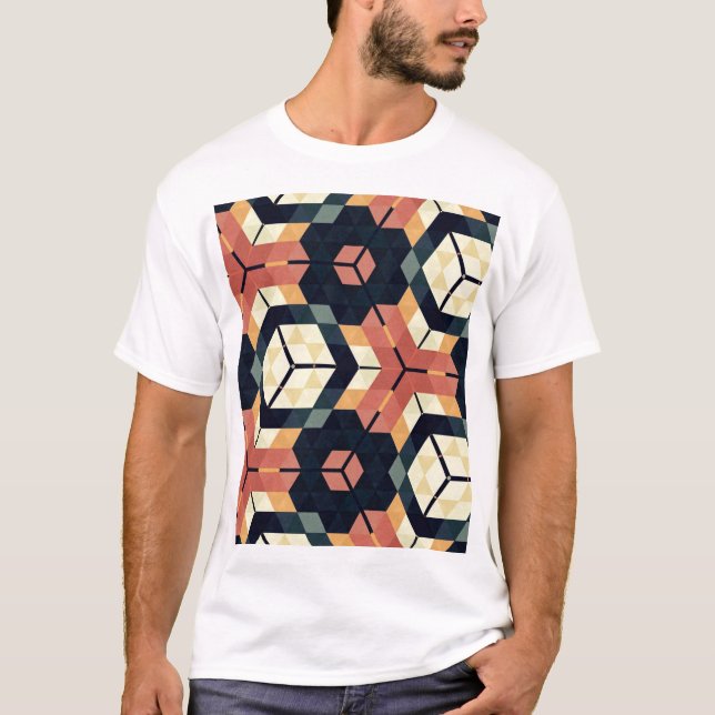 Colourful Hexagon Square Geometric Pattern T-Shirt (Front)