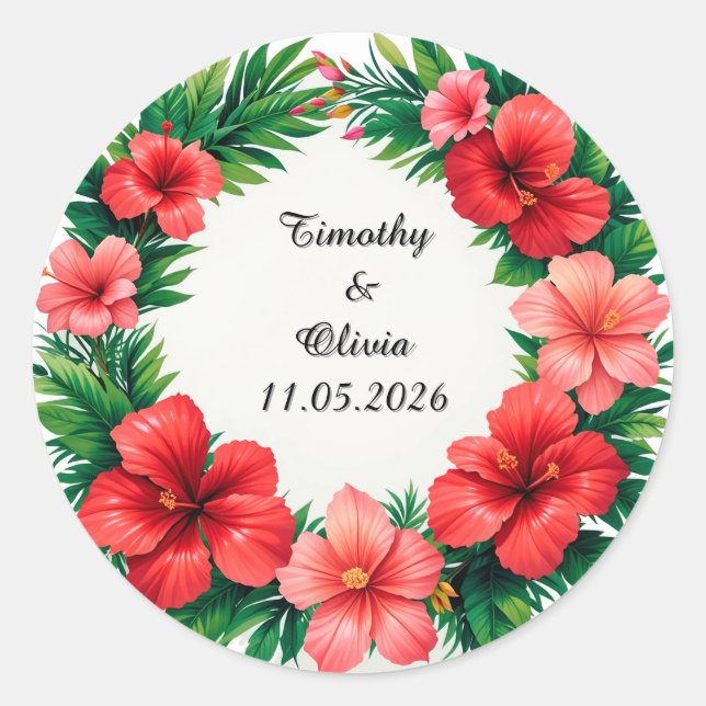 Colourful Hibiscus Floral Frame Classic Round Sticker (Front)