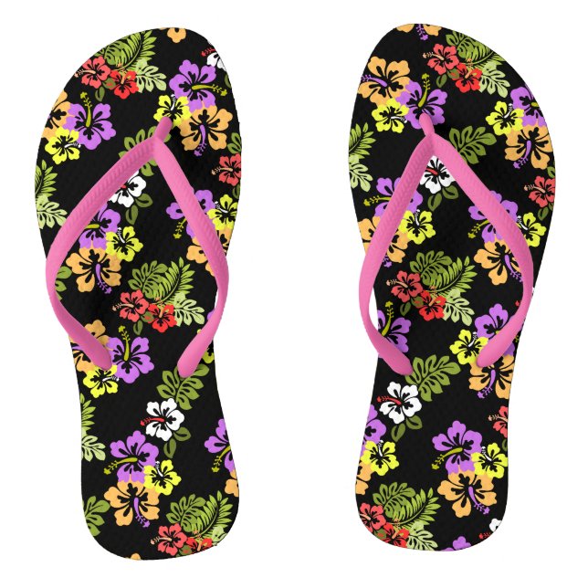 Colourful Hibiscus Flowers in Black Flip Flops (Footbed)