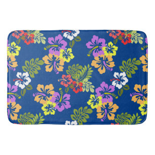 Colourful Hibiscus Flowers Pattern in Blue Bath Mat