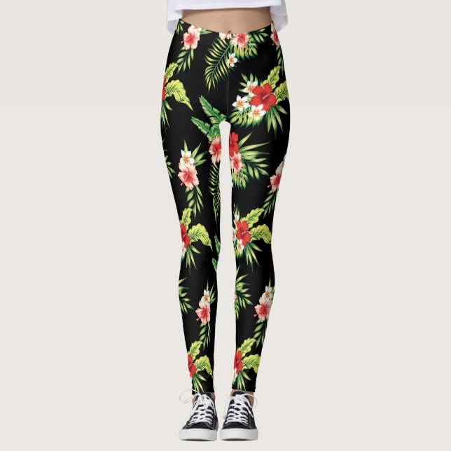 Colourful Hibiscus Flowers Seamless Pattern Leggings (Front)
