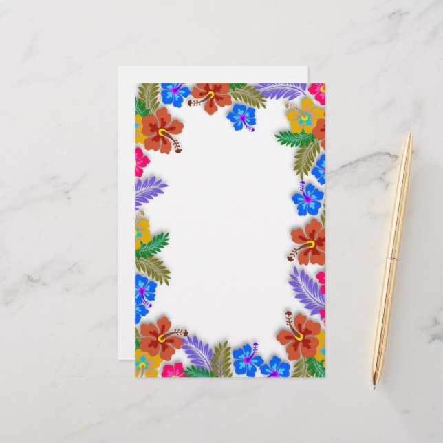 Colourful Hibiscus Garden Border Blank White Paper (Front/Back In Situ)