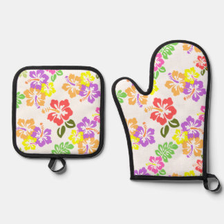 Colourful Hibiscus Pattern in White Oven Mitt & Pot Holder Set