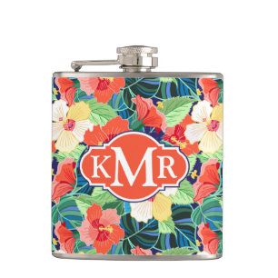 Colourful Hibiscus Pattern Monogram Hip Flask