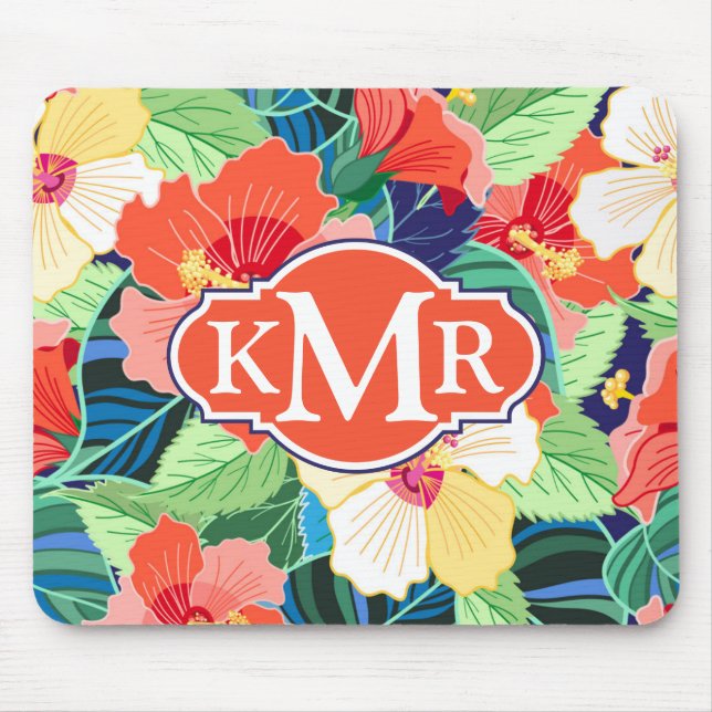 Colourful Hibiscus Pattern | Monogram Mouse Mat (Front)