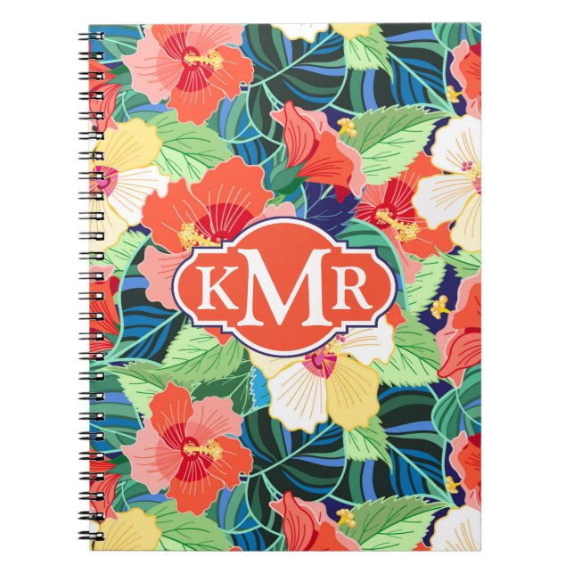 Colourful Hibiscus Pattern | Monogram Notebook (Front)