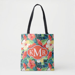 Colourful Hibiscus Pattern   Monogram Tote Bag