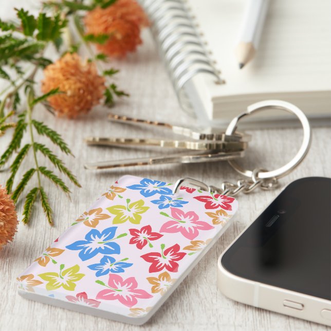 Colourful Hibiscus, Pattern Of Flowers Key Ring (Front Right)