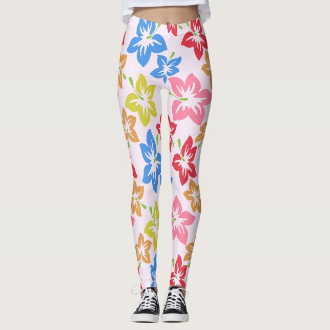 Colourful Hibiscus, Pattern Of Flowers Leggings (Front)