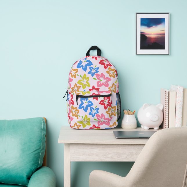 Colourful Hibiscus, Pattern Of Flowers Printed Backpack (Insitu)