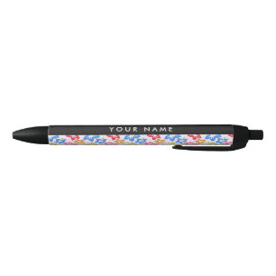 Colourful Hibiscus, Pattern Of Flowers, Your Name Black Ink Pen
