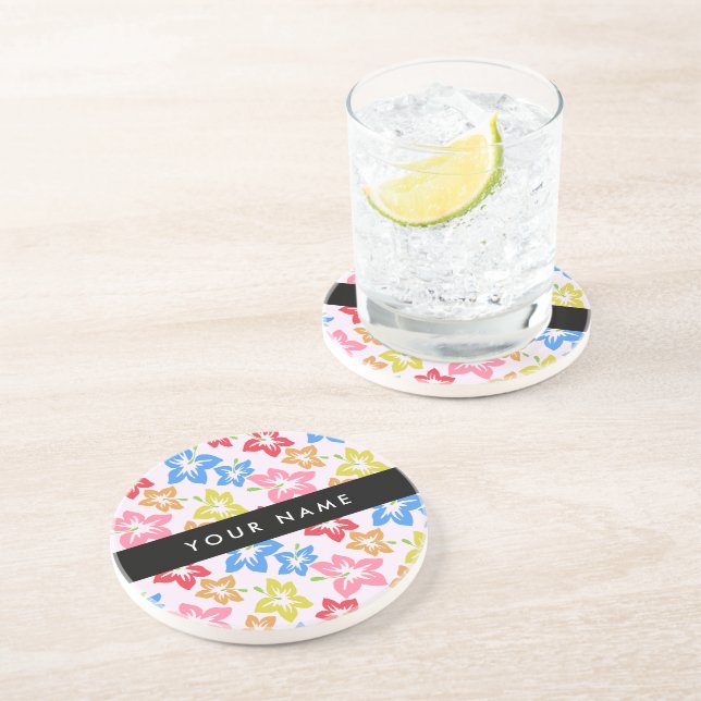 Colourful Hibiscus, Pattern Of Flowers, Your Name Coaster (Side)