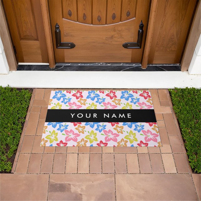 Colourful Hibiscus, Pattern Of Flowers, Your Name Doormat (Outdoor)