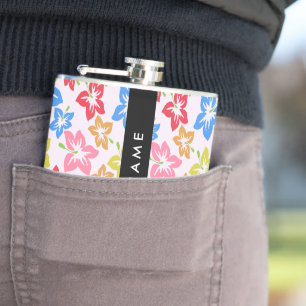 Colourful Hibiscus, Pattern Of Flowers, Your Name Hip Flask