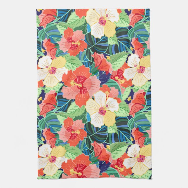 Colourful Hibiscus Pattern Tea Towel (Vertical)
