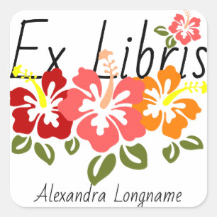 Colourful Hibiscus Personalised Ex Libris Bookplat Square Sticker