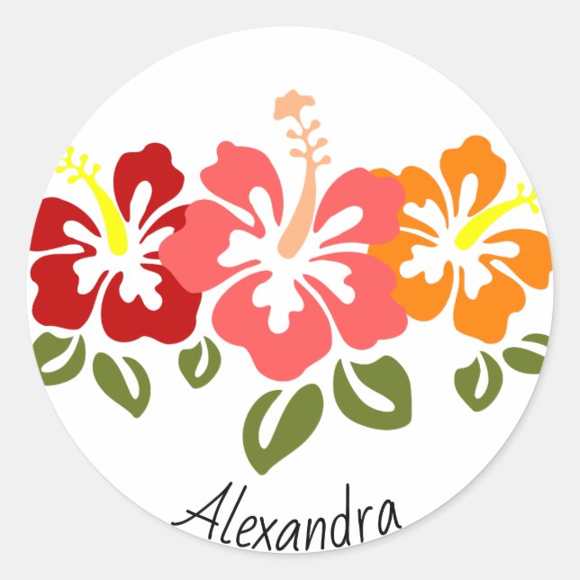 Colourful Hibiscus Trio Personalised Classic Round Sticker (Front)
