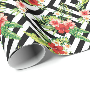 Colourful Hibiscus With Black Geometric Background Wrapping Paper