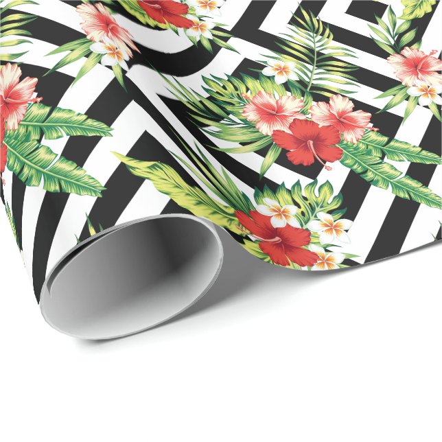 Colourful Hibiscus With Black Geometric Background Wrapping Paper (Roll Corner)