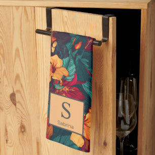 Colourful Hibiscus with Monogram and Name, Floral  Tea Towel