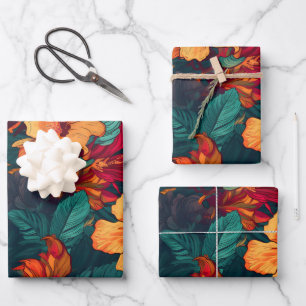 Colourful Hibiscus, Yellow Orange Floral, set of 3 Wrapping Paper Sheet