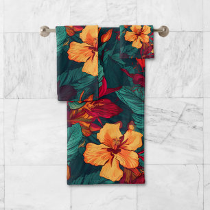 Colourful Hibiscus, Yellow Orange Green Floral Bath Towel Set